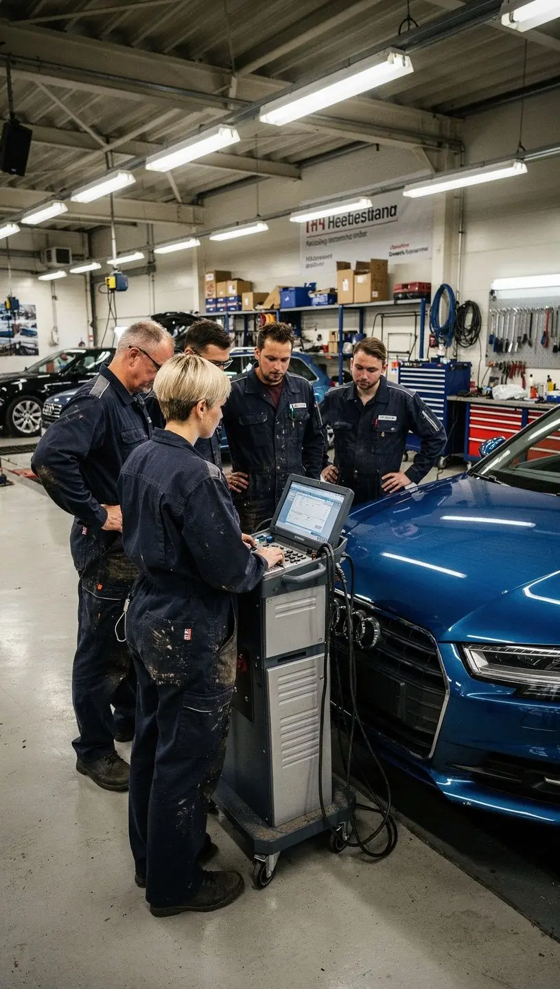 Nahaufnahme eines Diagnosegeräts, das elektronische Systeme vor der TÜV-Abnahme prüft.