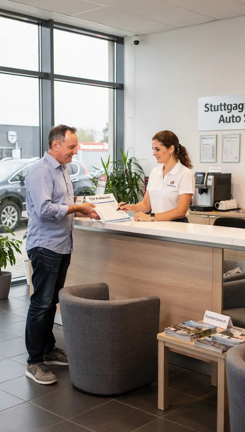 Kunde erhält transparente Beratung zur Fahrzeugwartung und TÜV-Vorbereitung vom Servicepersonal.