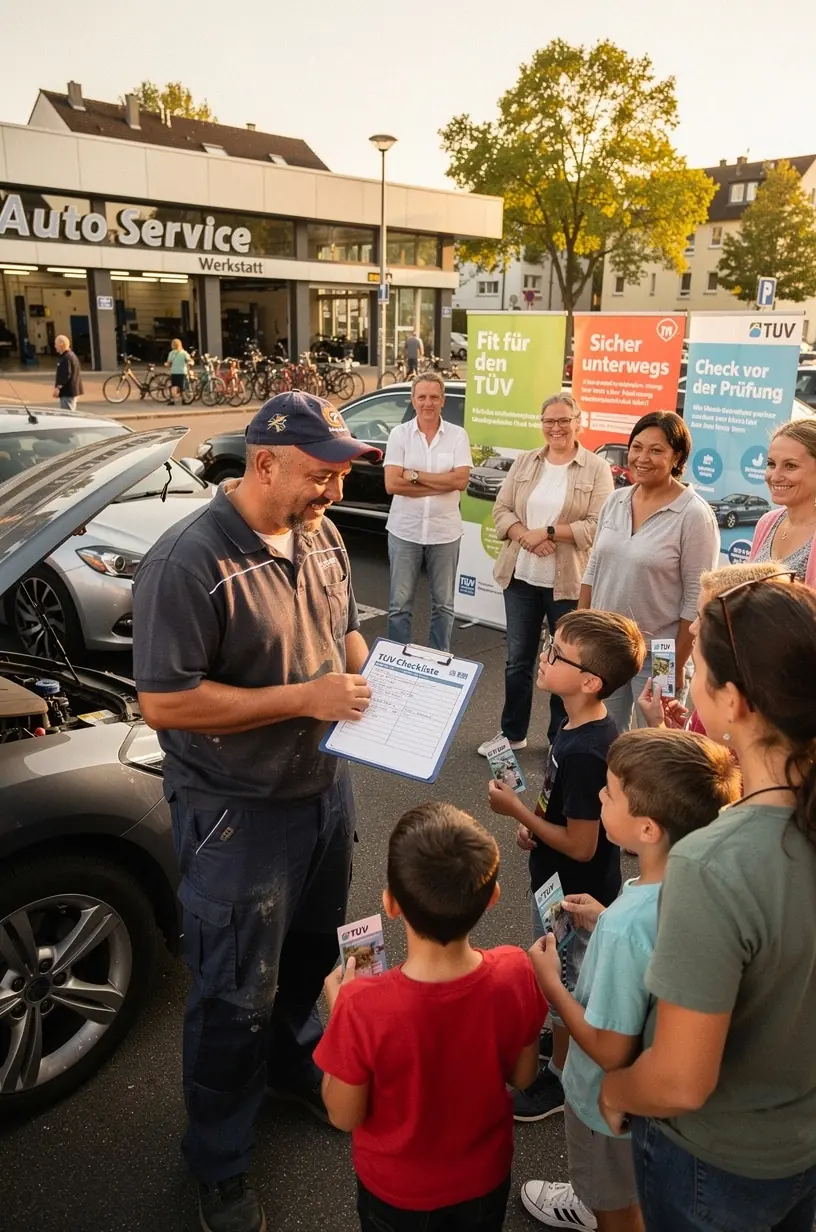 Fahrzeug auf Hebebühne mit sichtbarem Unterbodencheck im Rahmen der TÜV-Vorbereitung in der Werkstatt.
